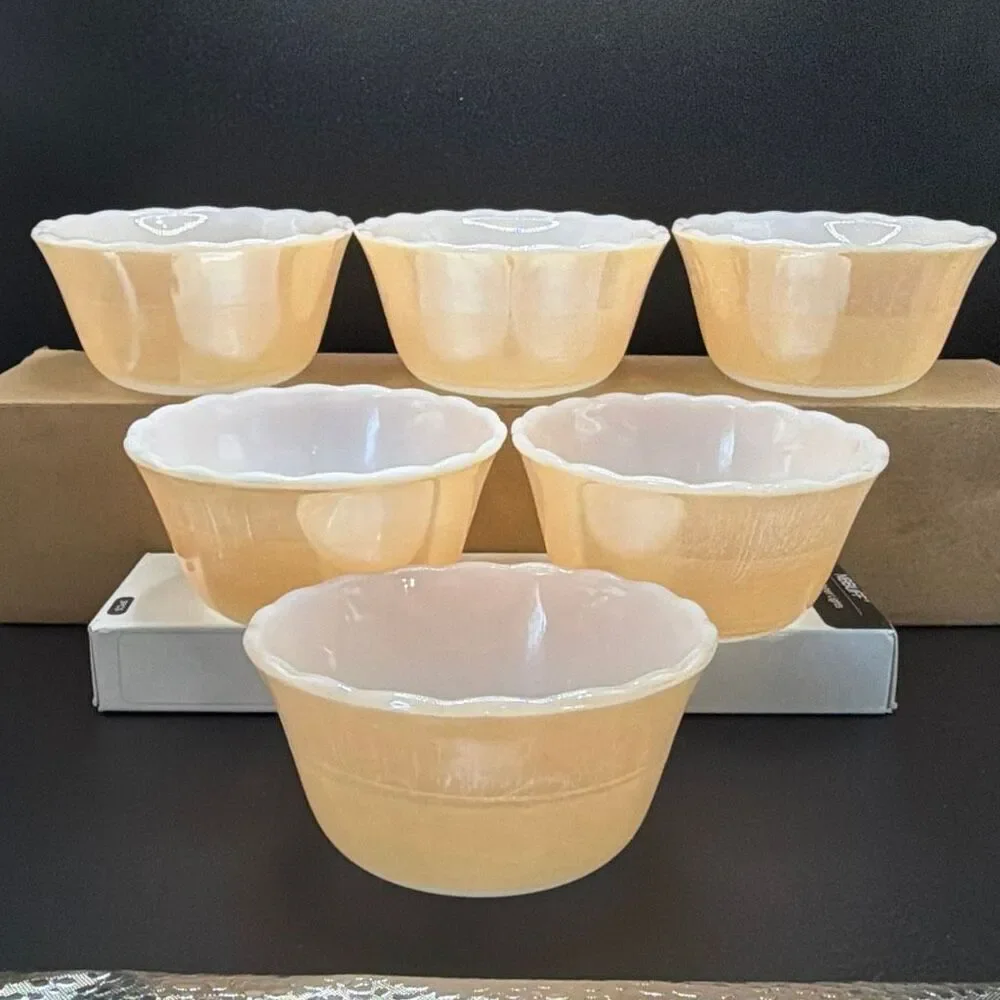 Vintage Fire-King Peach Lustre Custard Bowls – Set of 6 – Anchor Hocking Scallop